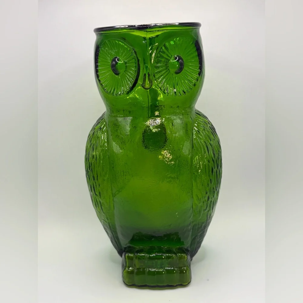 Vintage Green Art Glass Owl Figure Pitcher / Vase, Cottagecore Whimsigoth Decor